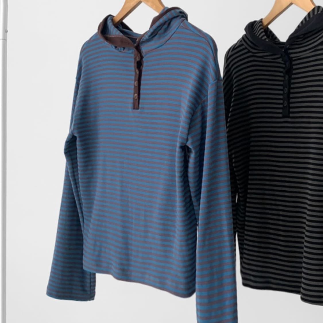 새상품) 버튼 배색 스트라이프 후드 (빈티지 초코 단추 에이블리 보세) 상품이미지2