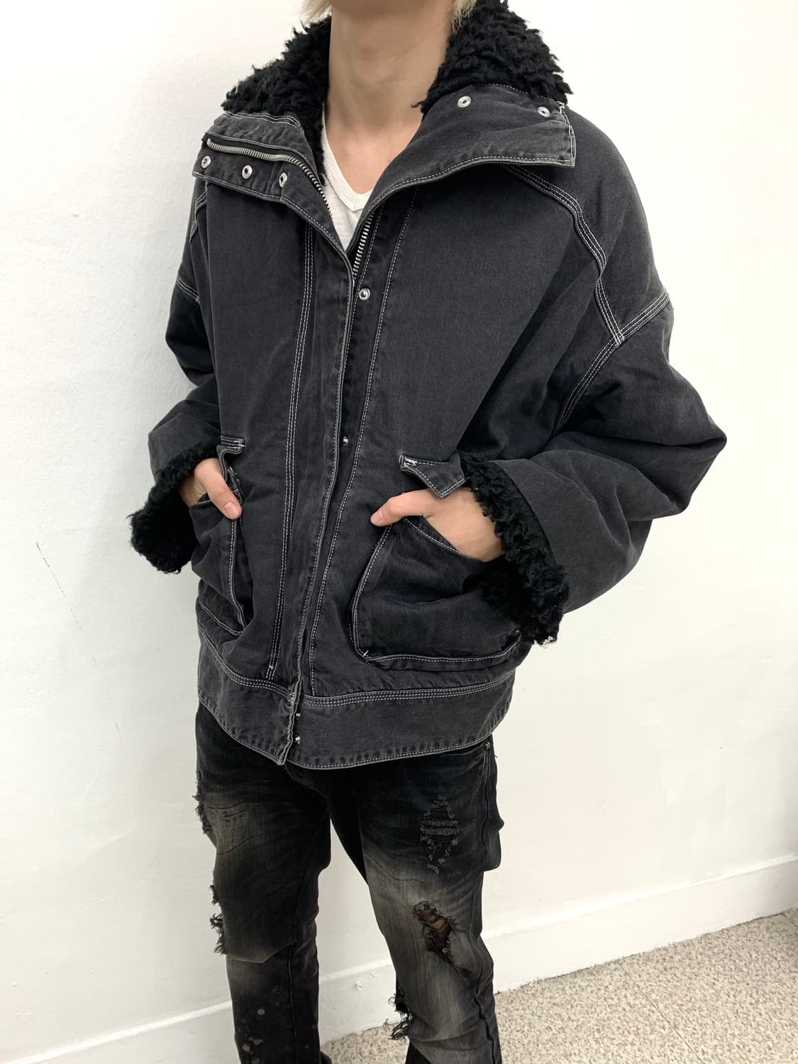 Grunge mood denim fur bomber  상품이미지4