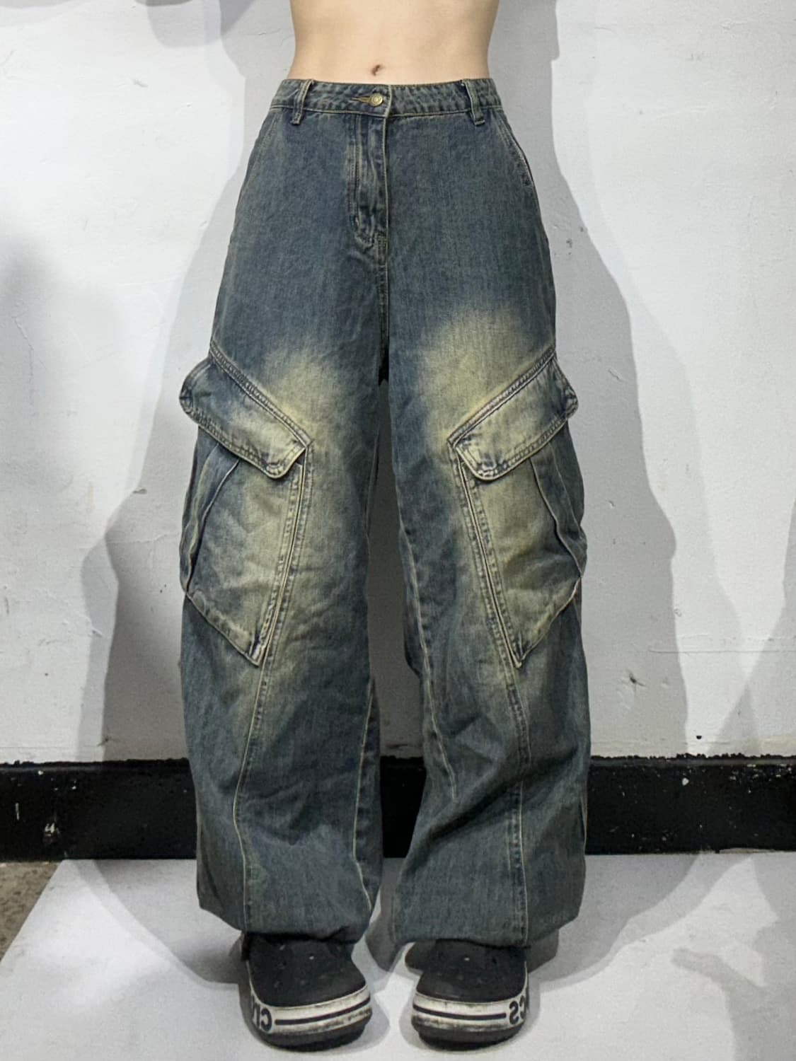 대장급 빈티지 워싱 와이드 데님 카고 팬츠 청카고 바지 XL 상품이미지2