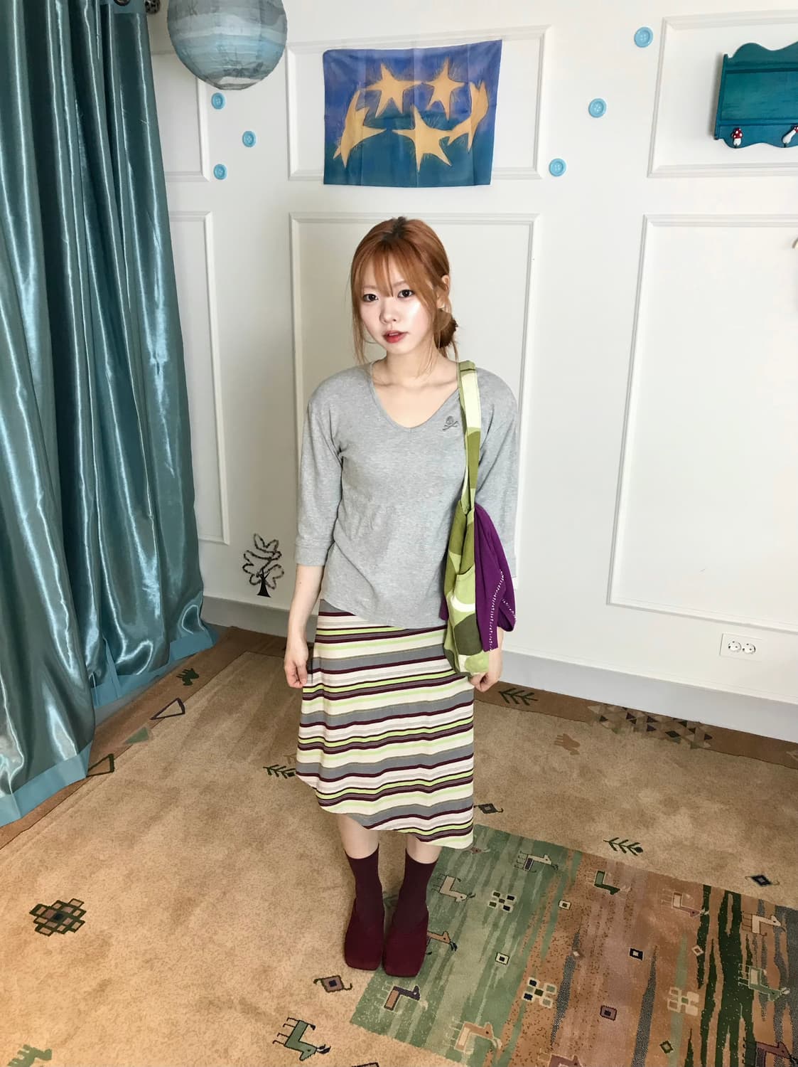 스트라이프 사선 언발 스커트와 색감이 조화는로운 퍼플 상의+말차🍃💟 상품이미지5