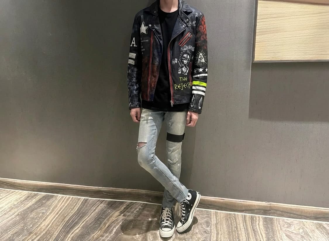 헐리우드 트레이딩 컴퍼니 / 타투낙서 페인팅 양가죽 바이커 자켓 상품이미지2