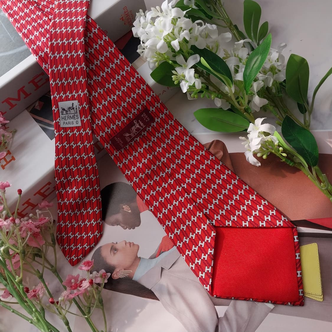 에르메스 실크 레드 H 모티브 넥타이 9.5cm A+~A등급 K2042 상품이미지4