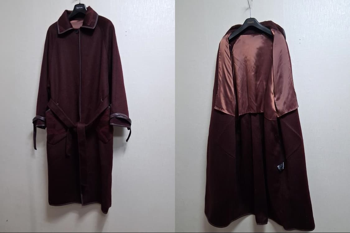 수입 낙타털 혼합 천연양가죽 배색 양모롱코트 와인 버건디칼라 새거 프리 상품이미지3
