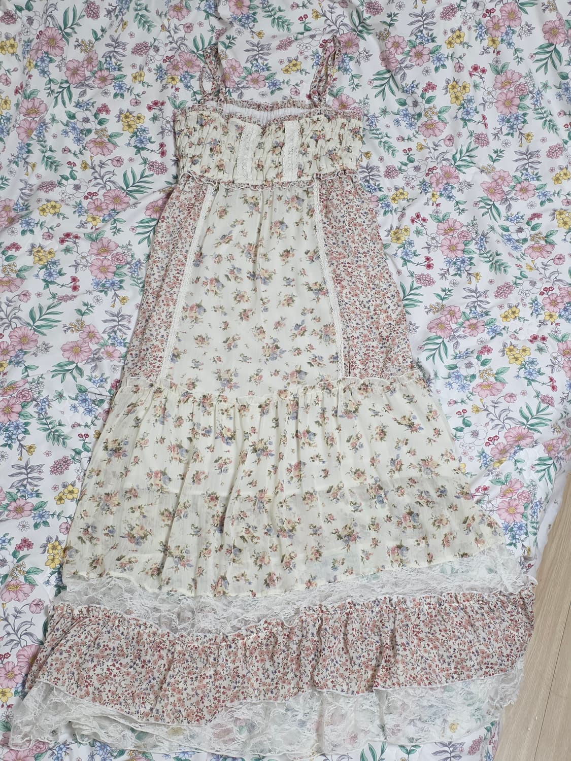 일본빈티지)로즈잔꽃무늬 모리걸 히메갸루 패치워크 레이스 캉캉롱원피스 상품이미지1