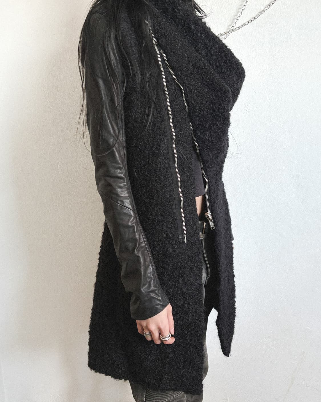rare* 릭오웬스 사선지퍼 하이넥 모헤어 레더슬리브 코트 상품이미지1