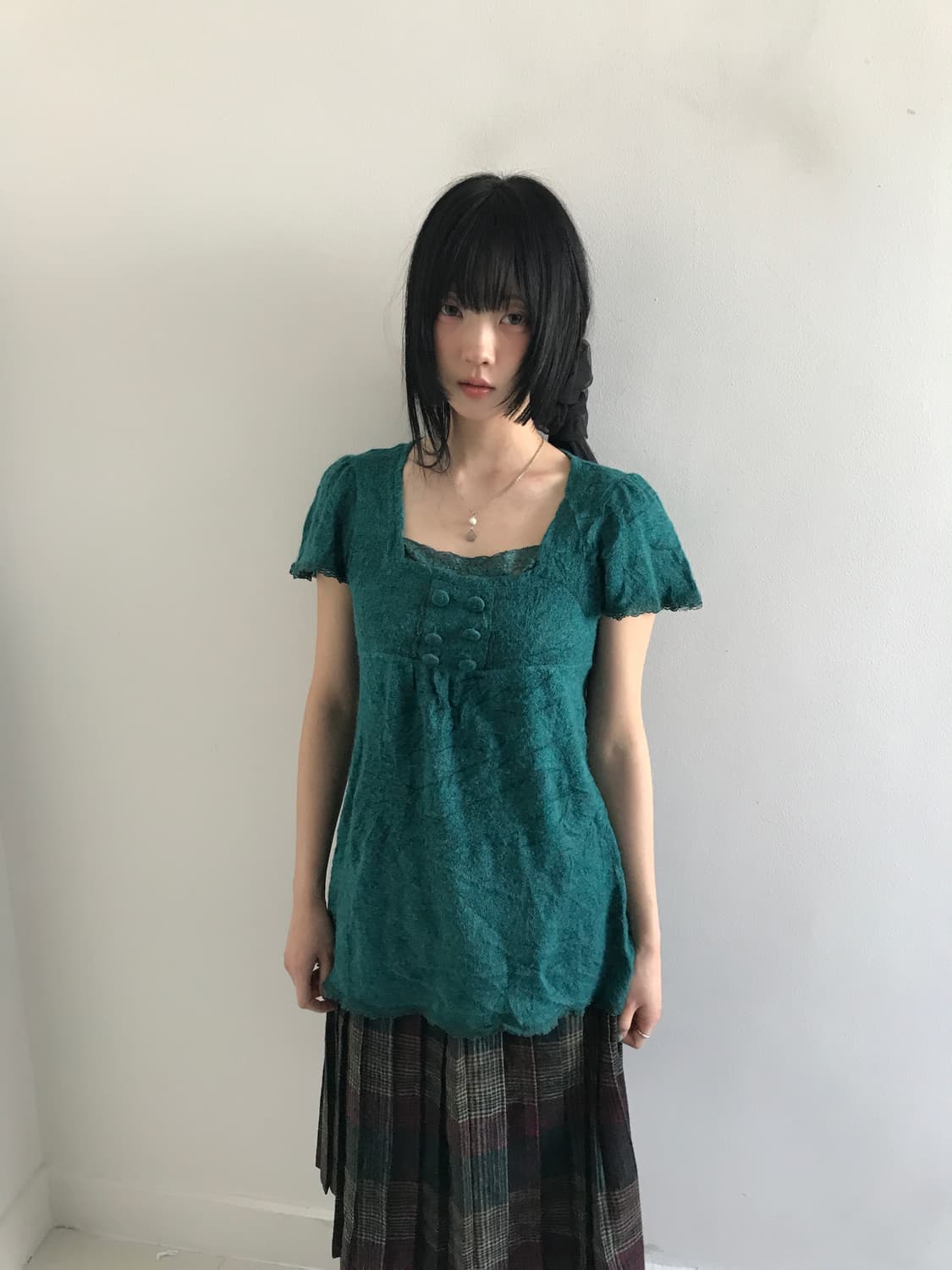 (Vintage)Square neck lace knit blouse 상품이미지4