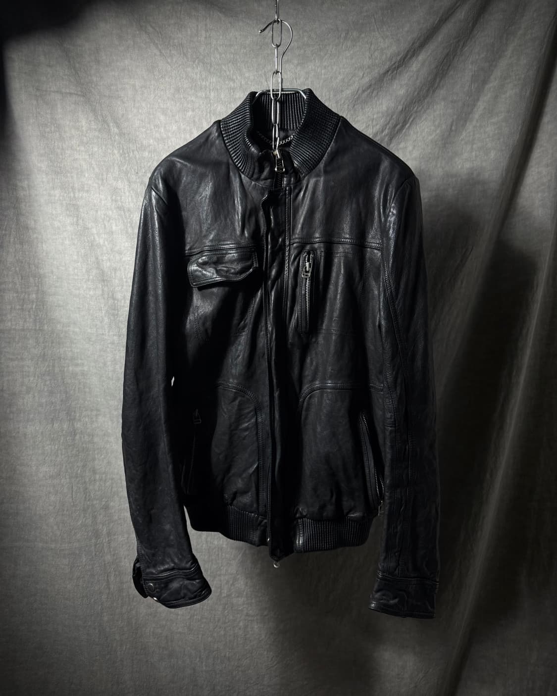 Vintage Black Leather Bomber Jacket 상품이미지2