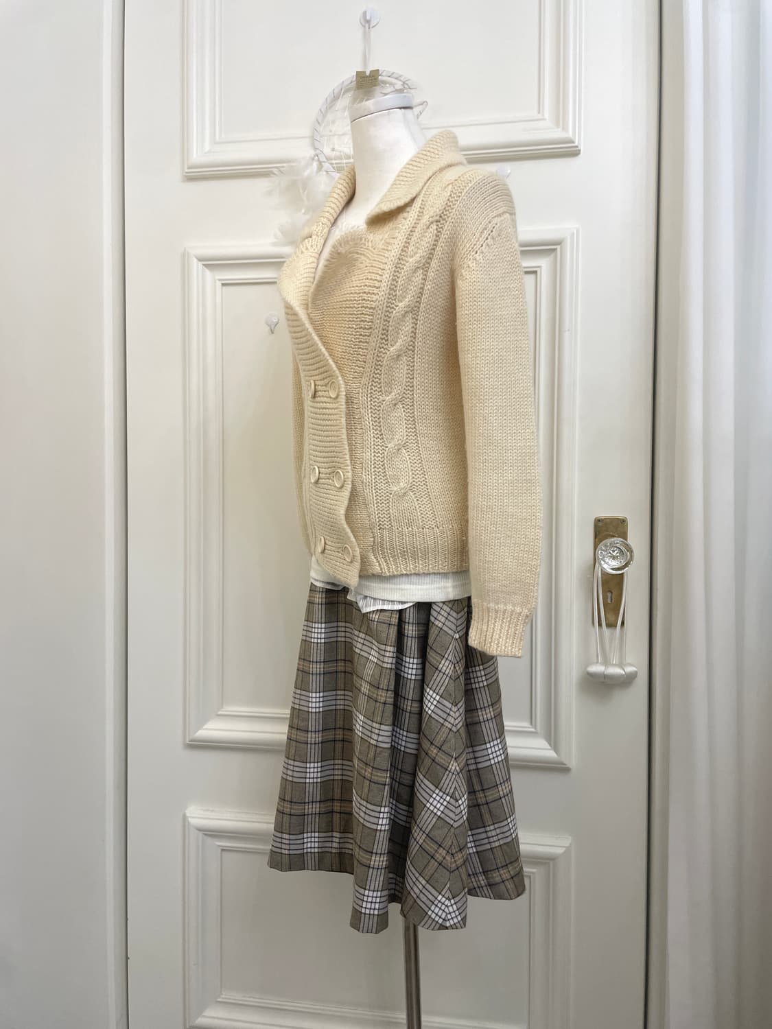 beige brown check pleats banding skirt 상품이미지6