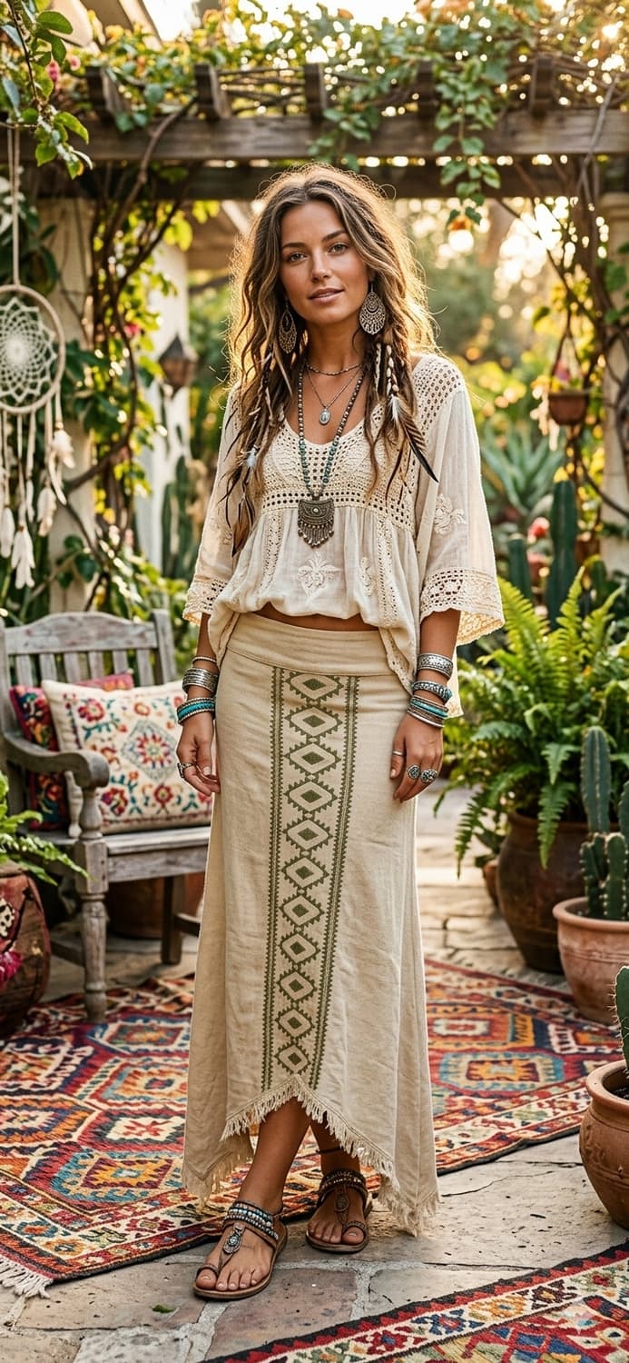 인도네시아 직조 보헤미안 스커트(+손자수 햄프 벨트) 상품이미지1