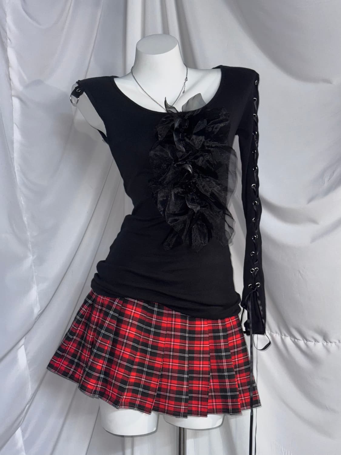 5351 나나깔 펑크 레드체크 아일렛 코디세트 상품이미지6