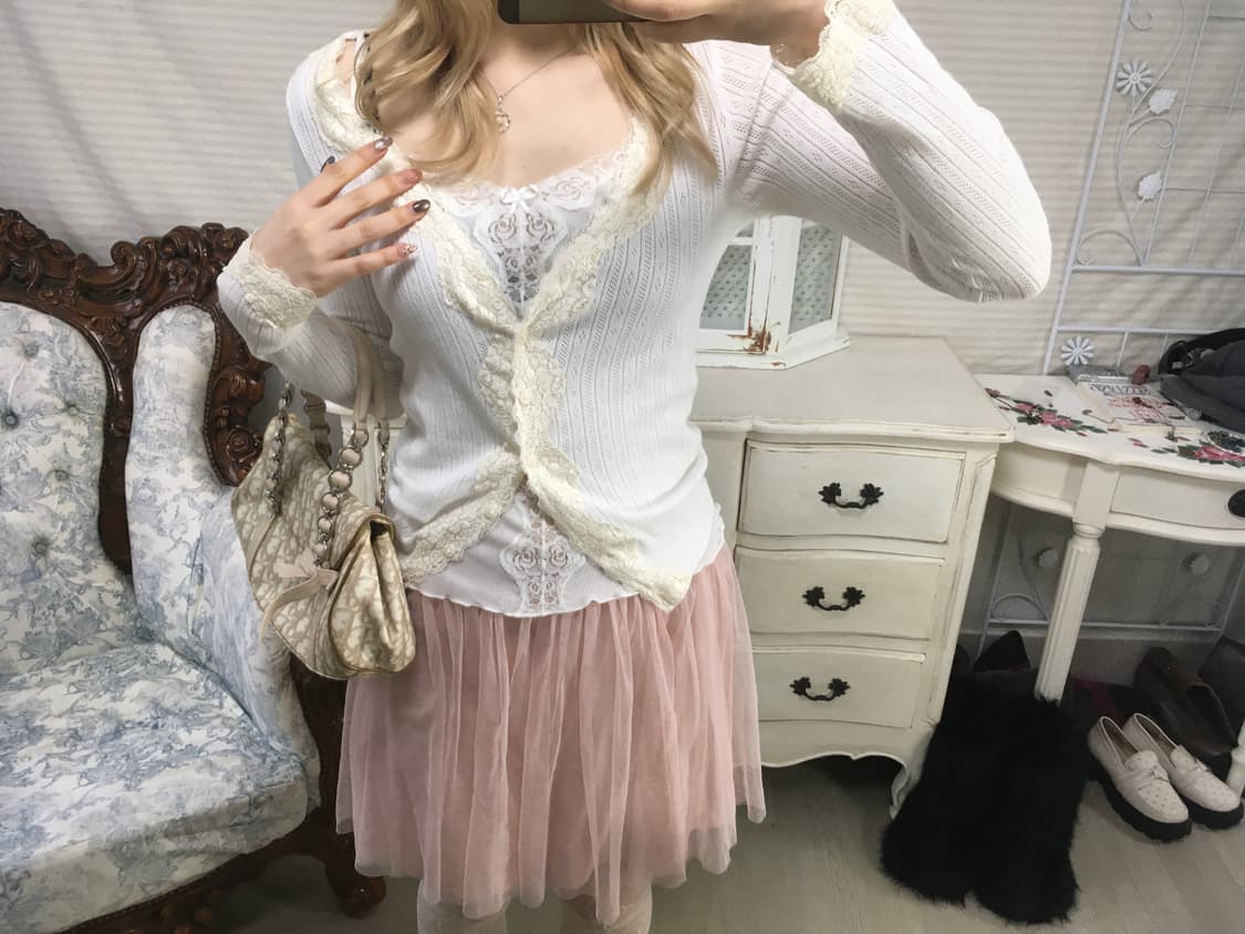 Set) 빈티지 레이스 펀칭 가디건 + 레이스 슬리브리스 상품이미지9