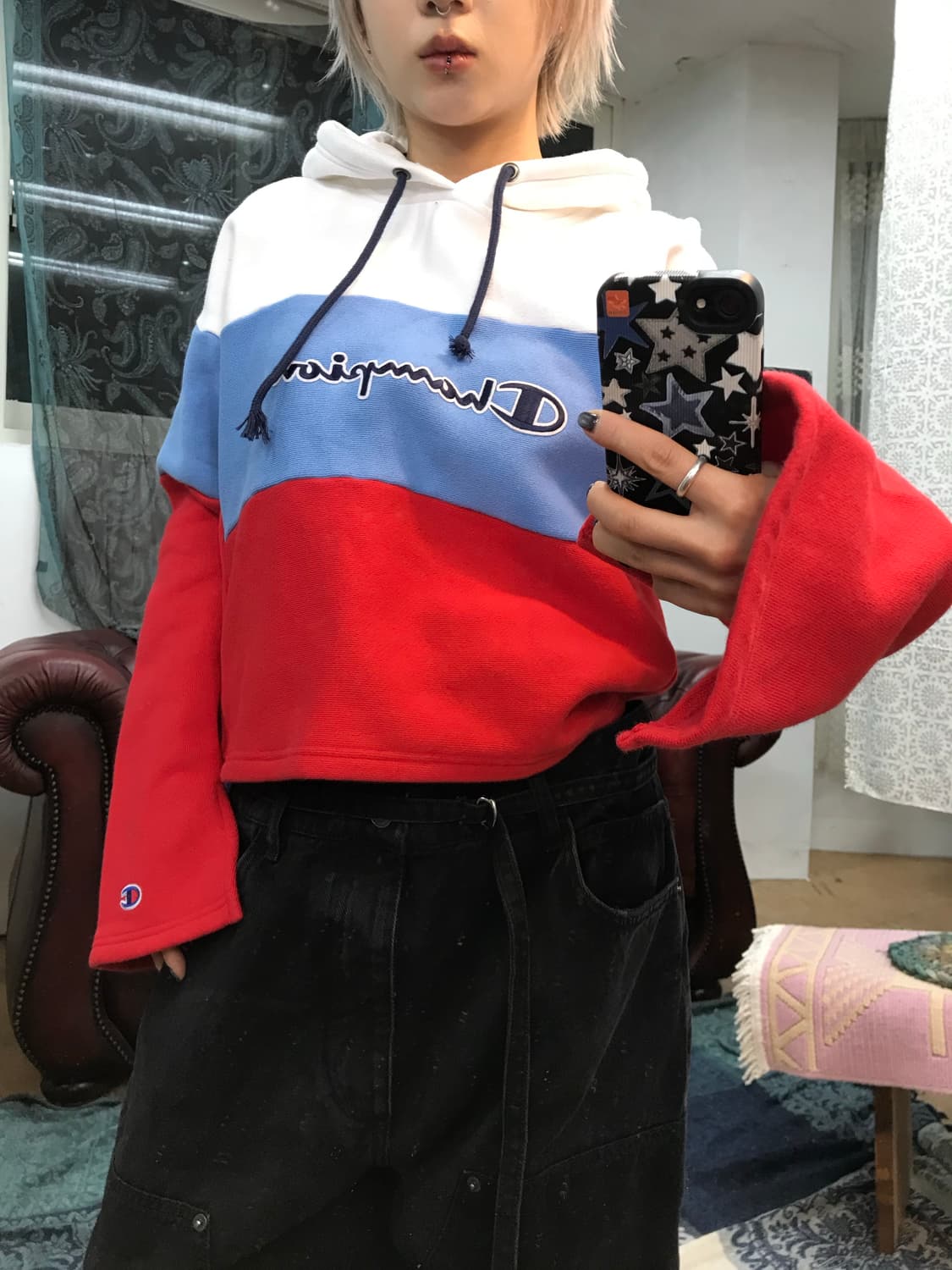 챔피온 리버스위브 여성 기모 크롭 배색 후드티  상품이미지1