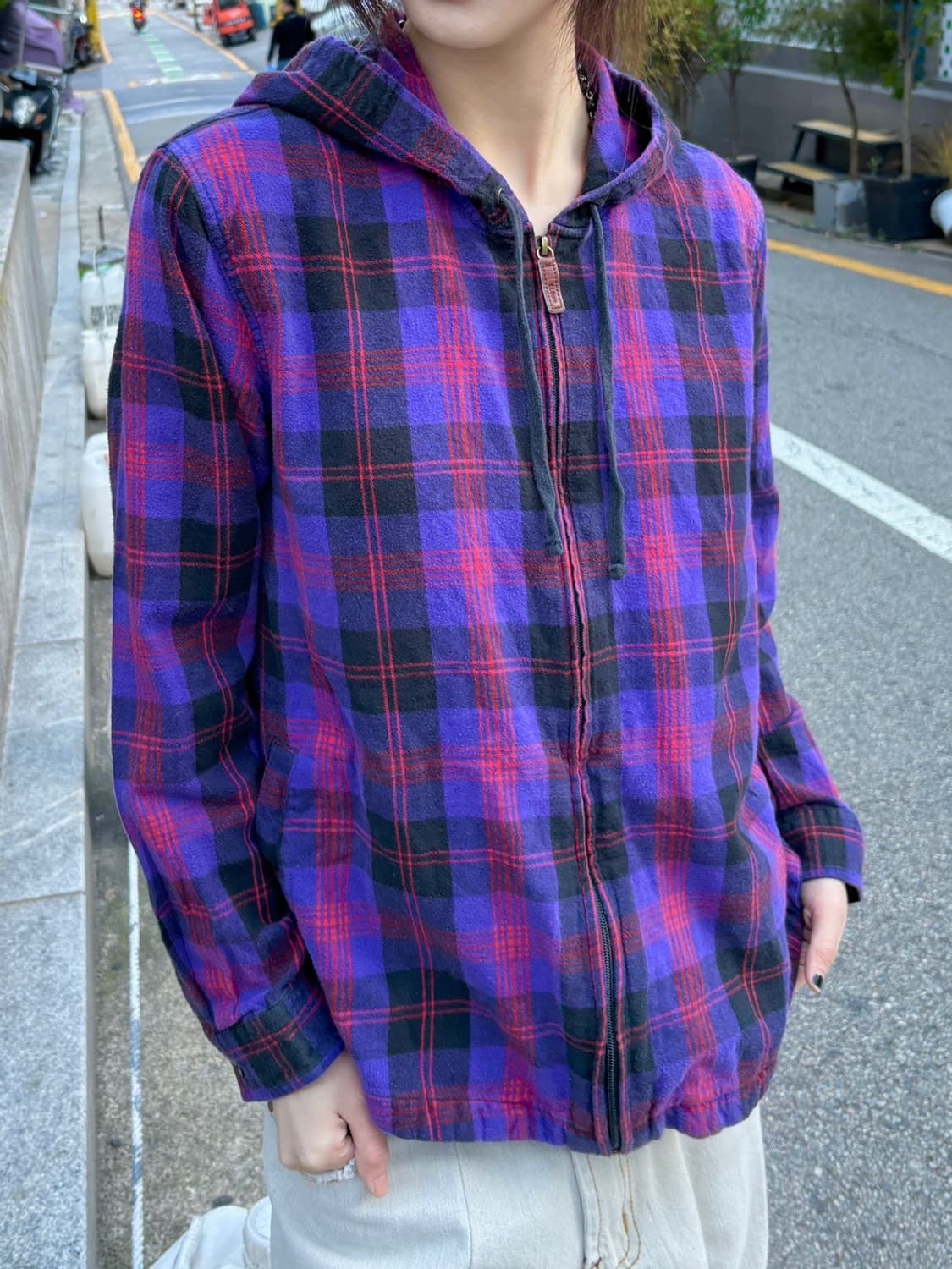 90s LL BEAN 퍼플 타탄체크 후드셔츠 상품이미지2