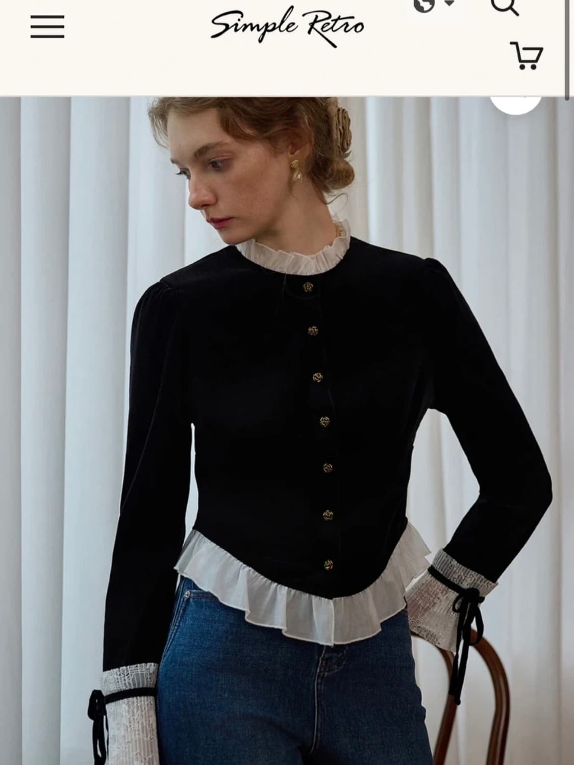 심플레트로 블랙 벨벳 레이스 블라우스 상품이미지1