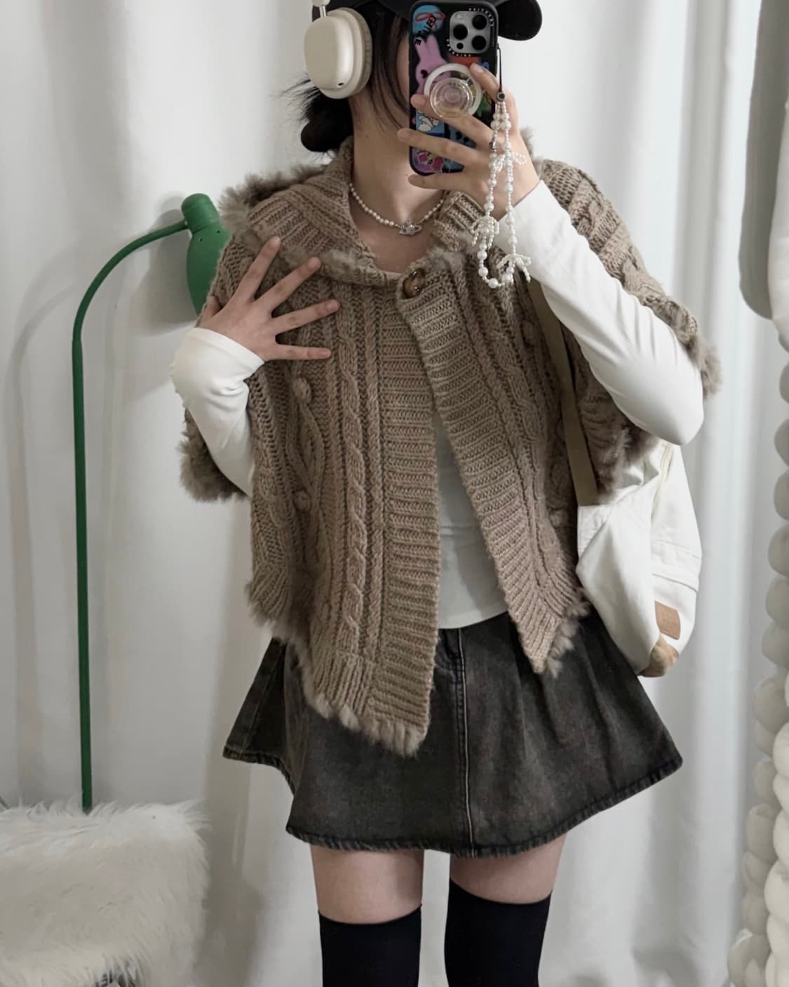 코코아 브라운 꽈배기 후드 케이프 가디건 상품이미지3