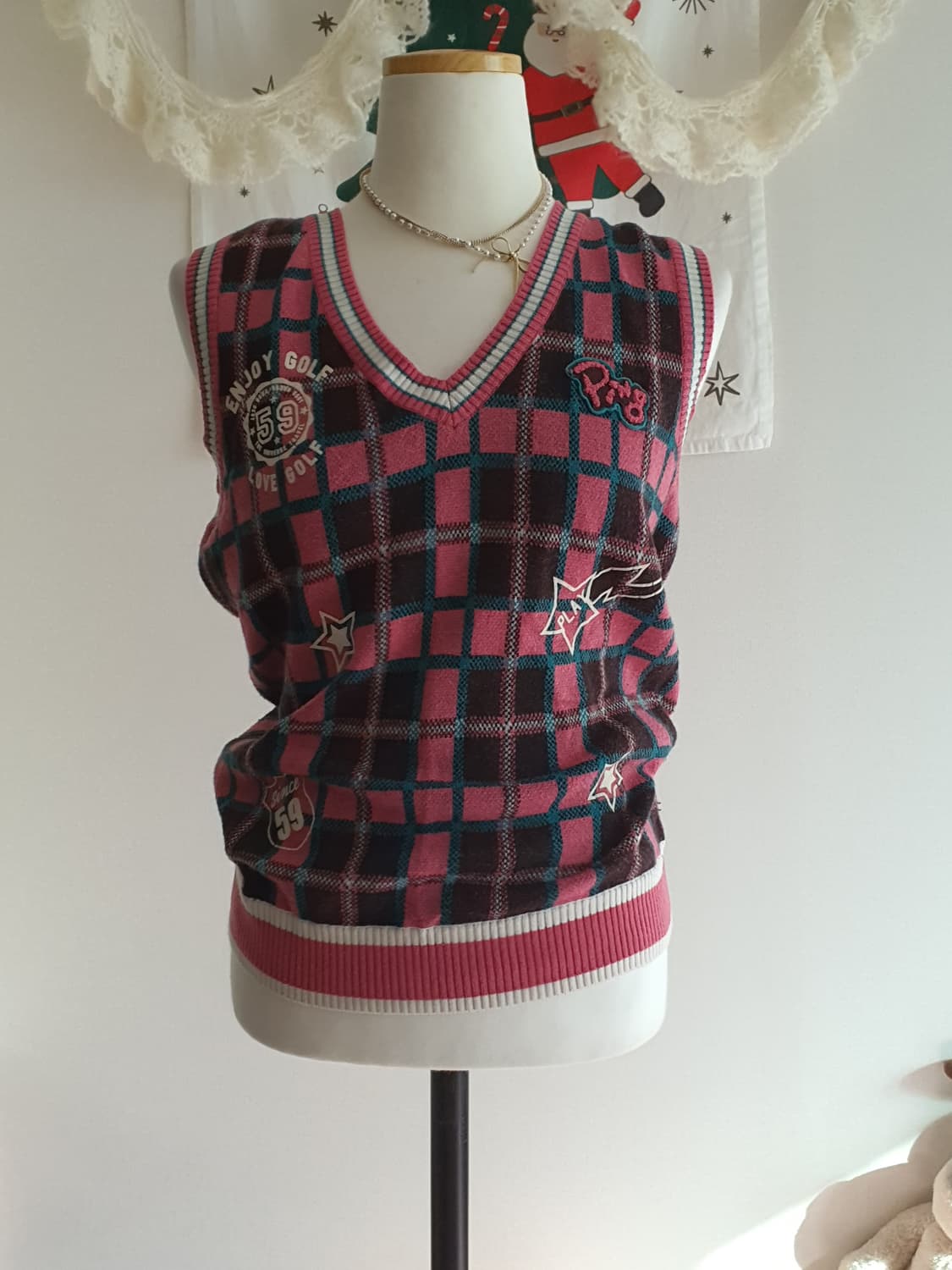[빈티지] PING 핑크 체크 니트 조끼 하이틴룩 골프웨어 상품이미지2