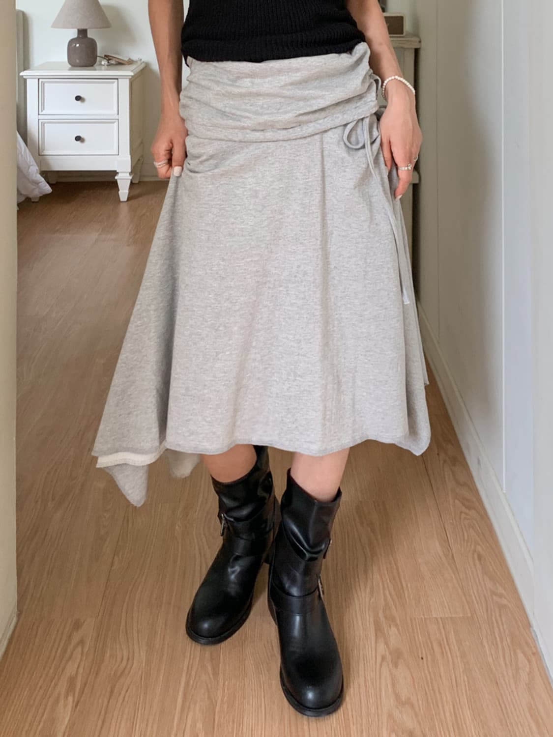 겔리 언발 스트링 플레어 스커트 (블랙, 그레이) 상품이미지7