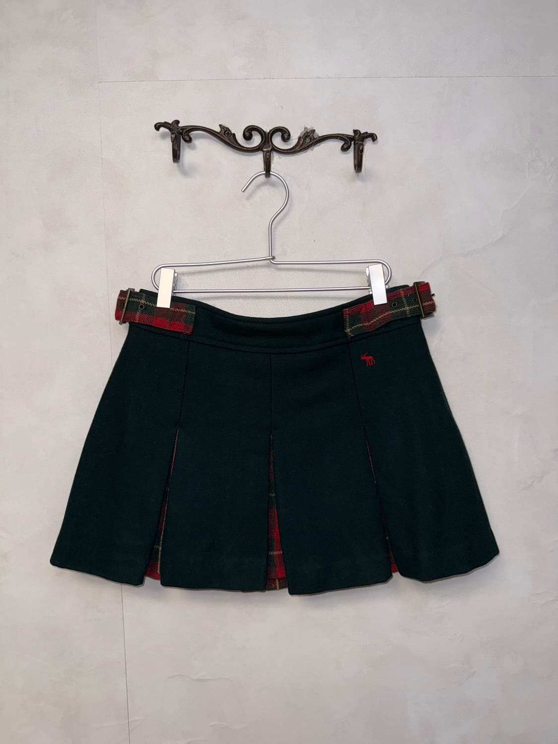 Deep green check buckle wool pleats sk 상품이미지1
