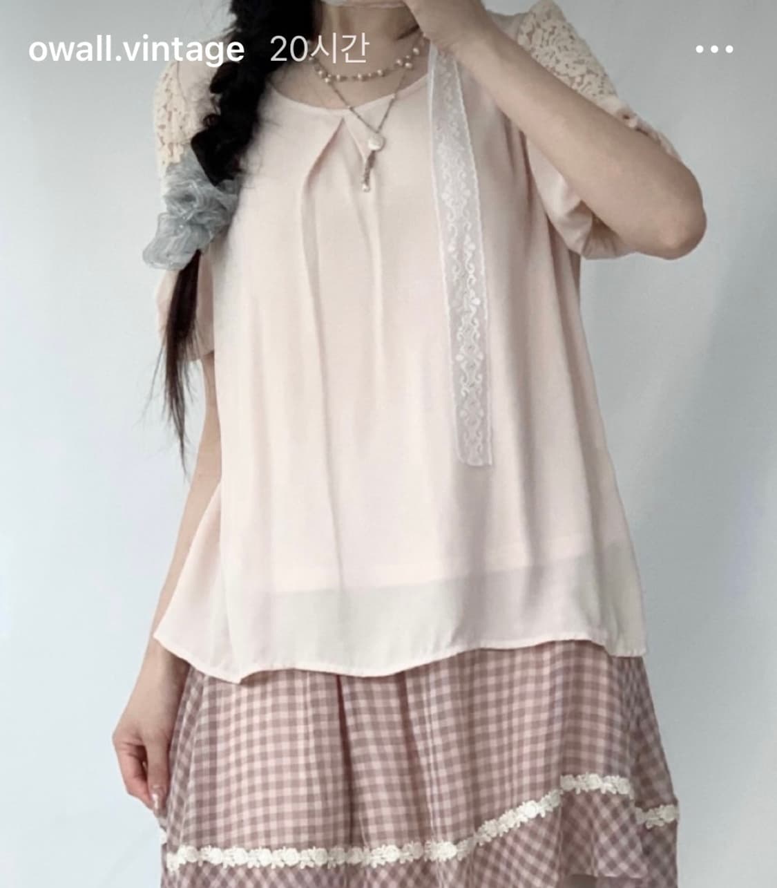 오월 빈티지 소매 리본 레이스 핑크 블라우스 상품이미지3