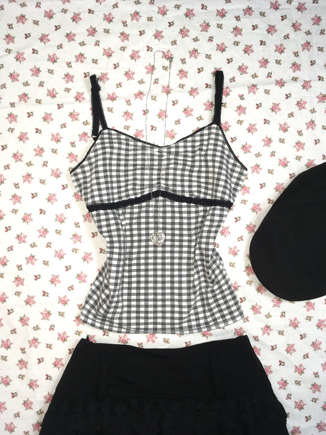 jpn vintage black check lace sleeveless 상품이미지3