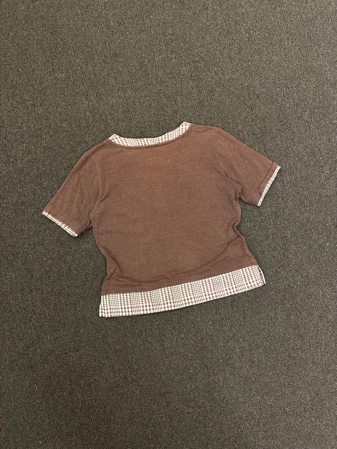 OS)Japanese vintage 여성 채크무늬 레이어드 반팔 티셔츠 상품이미지6
