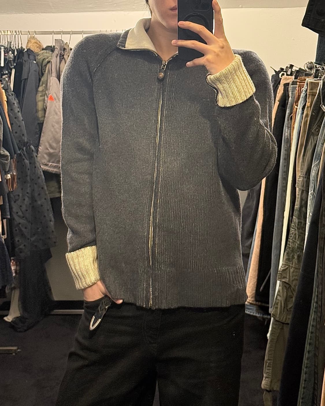 디젤 울 니트 골지 스웨터 하이넥 집업 가죽 지퍼 배색 고스 펑크 락 상품이미지2