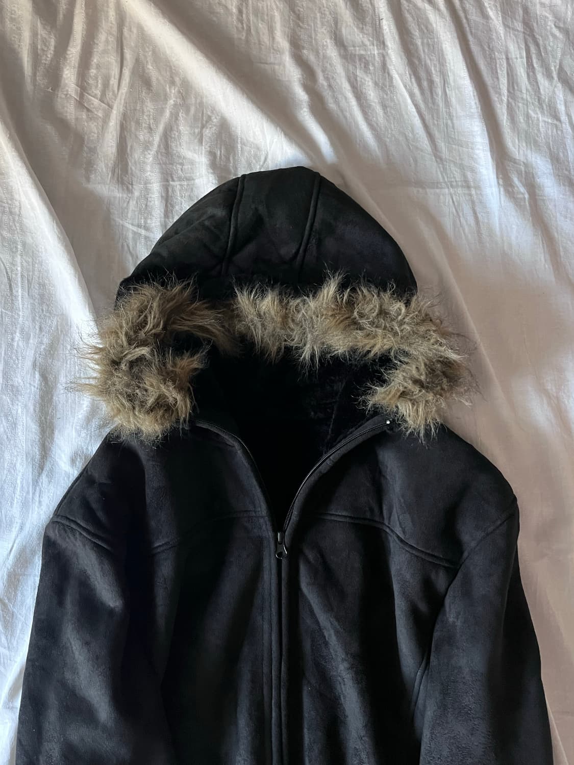 Black Suede Hooded Fur Long Jacket  상품이미지3