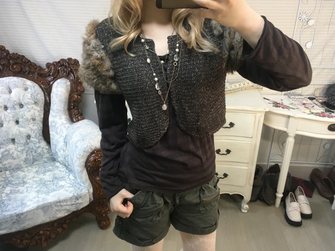 Set)브라운 퍼 글리터 가디건 + 스트라이프 롱슬리브 상품이미지4