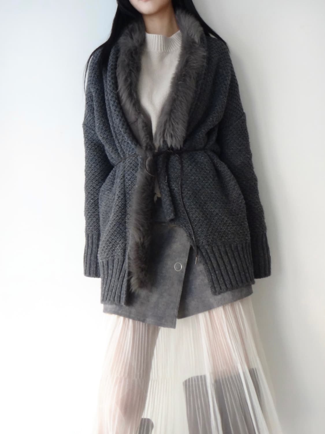 Unbalanced fur open cardigan / charcoal 상품이미지6