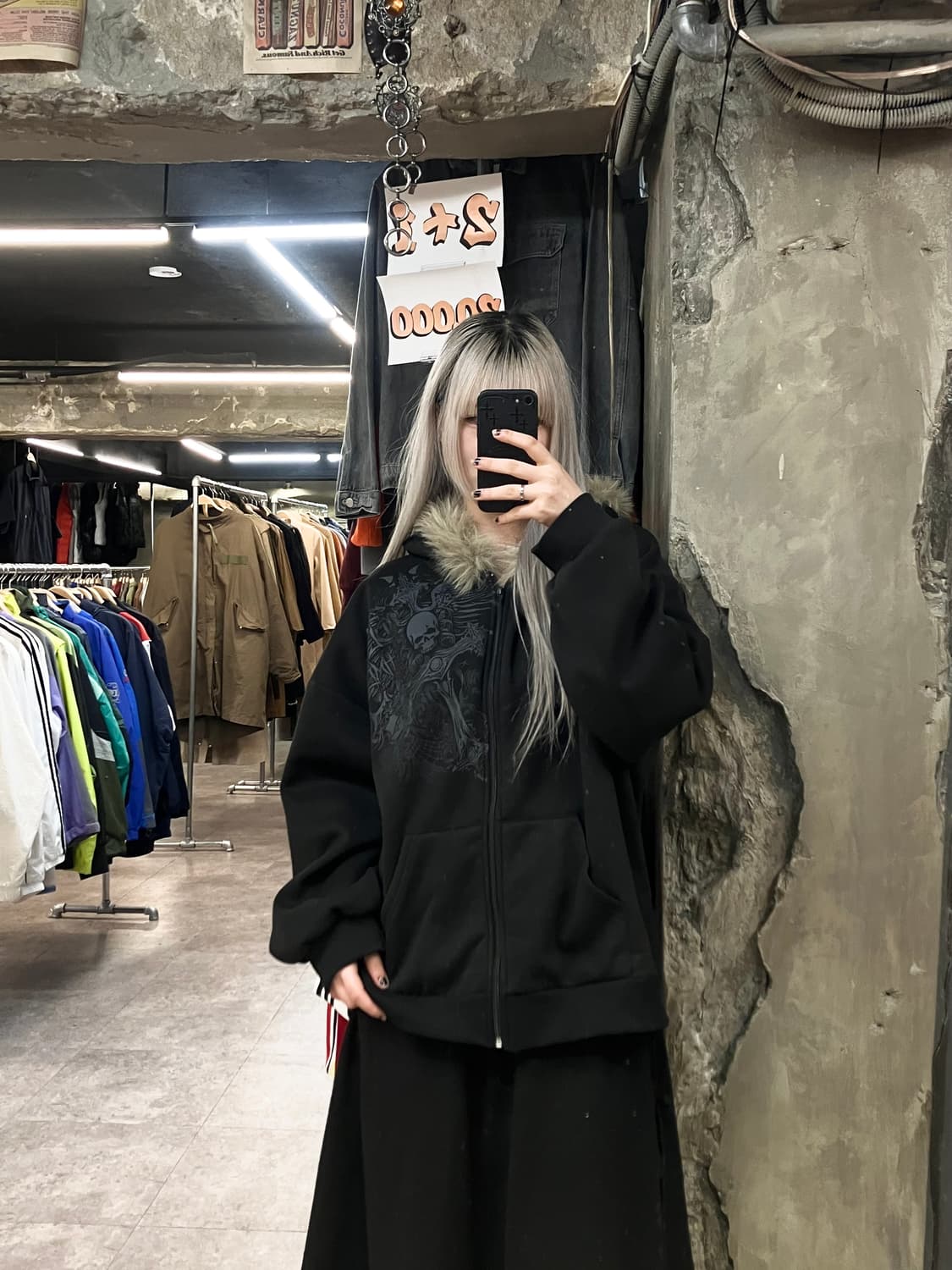 빈티지 프린팅 기모 퍼 오버핏 후드집업 블랙 XXL   #csz2923  상품이미지2