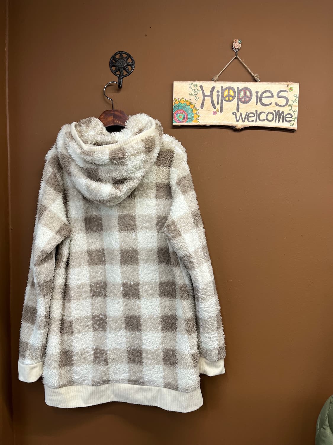 일본무드 체크 패턴 아이보리 플리스 후드집업 상품이미지3