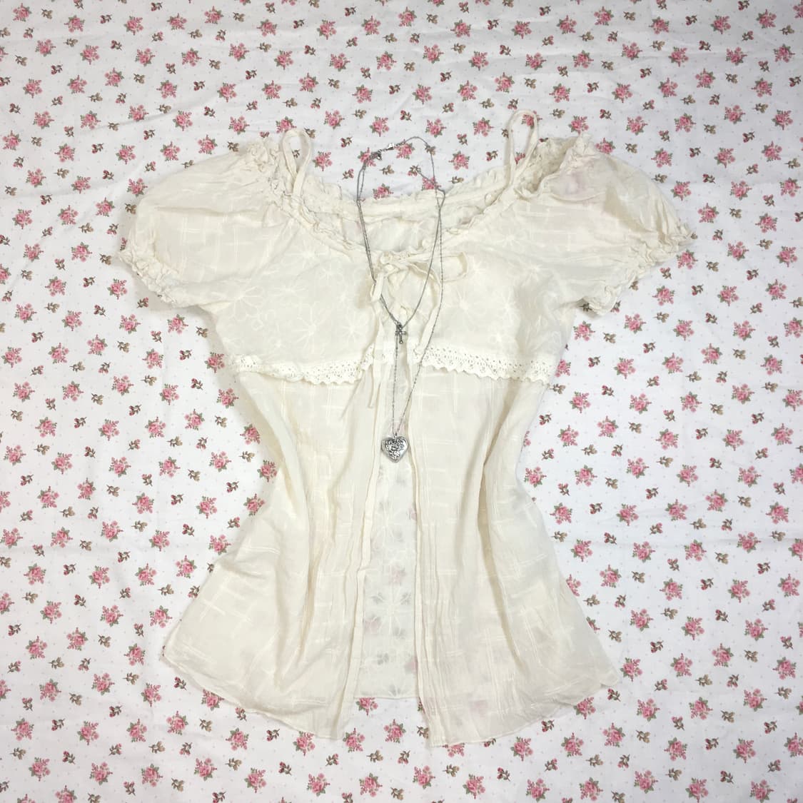 jpn vintage ivory floral off shoulder bl 상품이미지7
