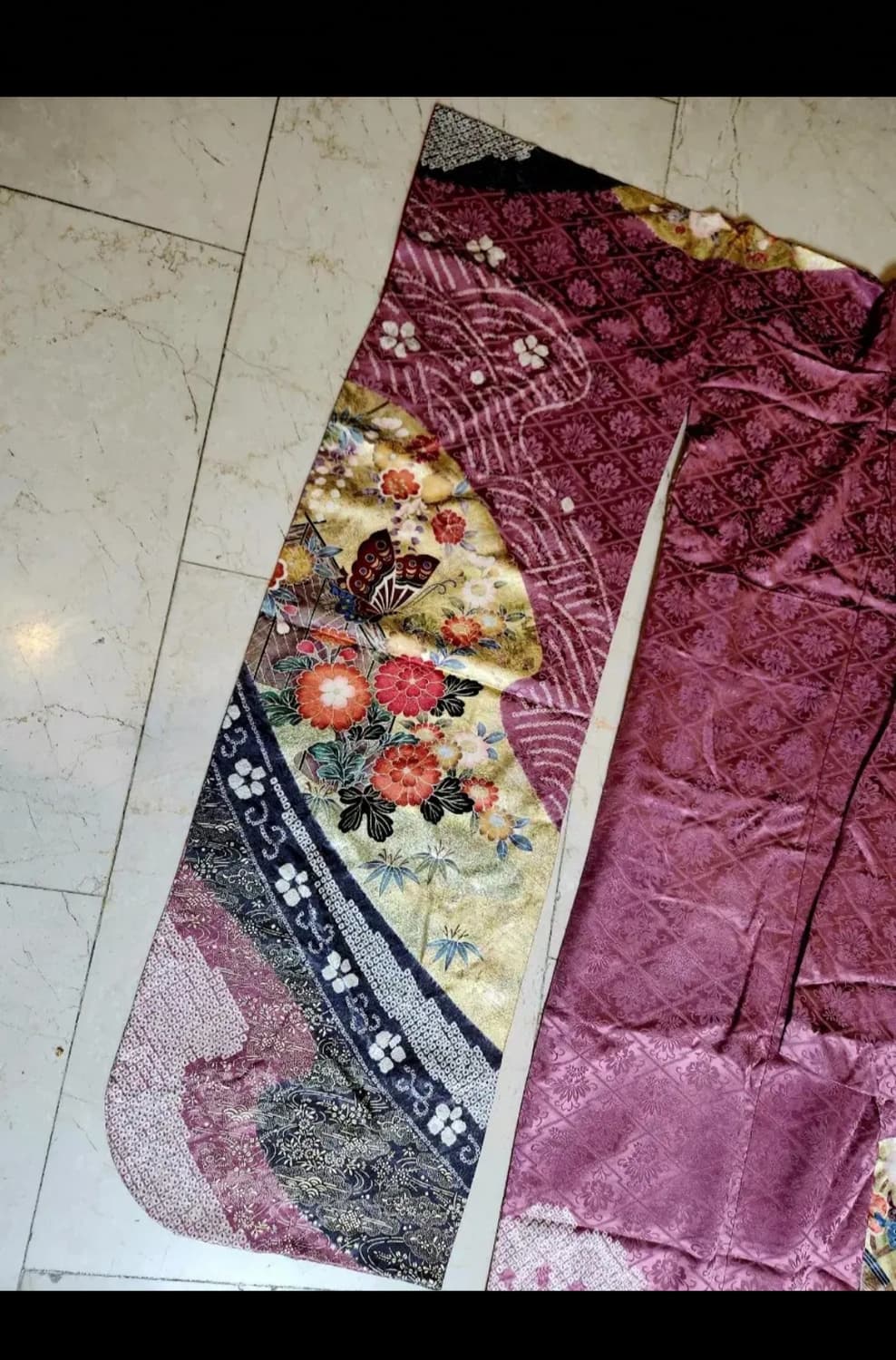 일본 장인제작 나비 실크 후리소데 기모노+오비+속 기모노 세트 상품이미지4