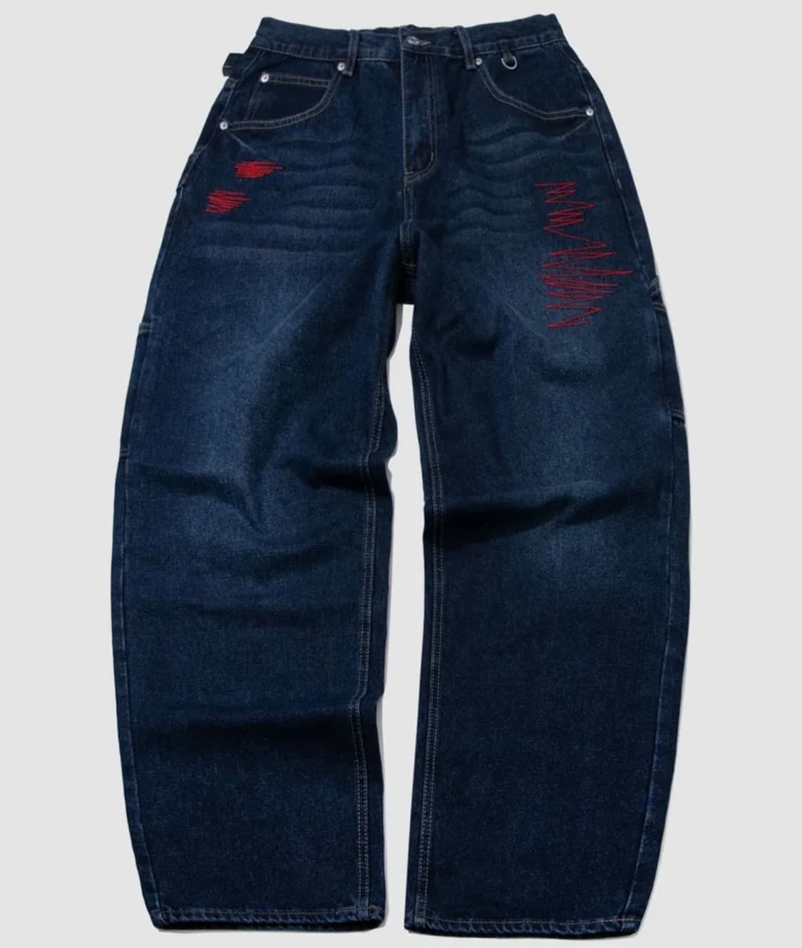 컬러 자수 스티치 포인트 벌룬 스트레이트핏 D링 데님 워싱 팬츠 상품이미지1