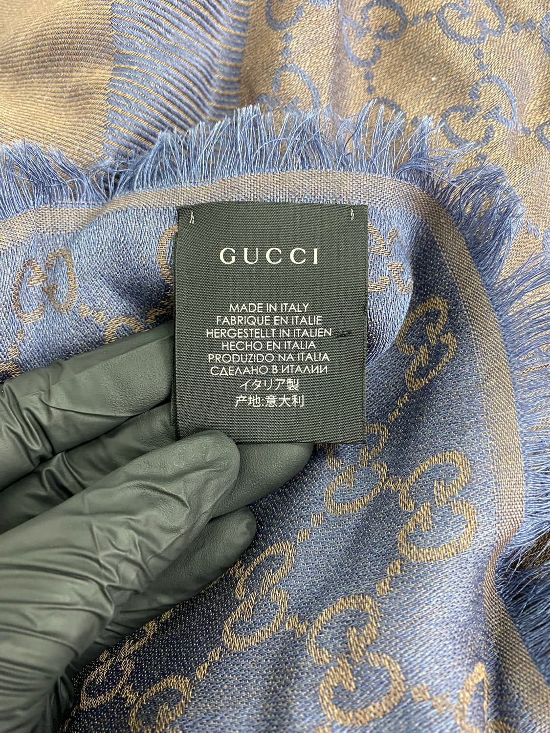 구찌 GG 자카드 울 실크 블루 브라운 스카프  상품이미지6