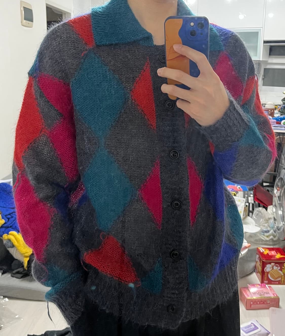 앤더슨벨 모헤어 아가일 가디건 L 상품이미지6