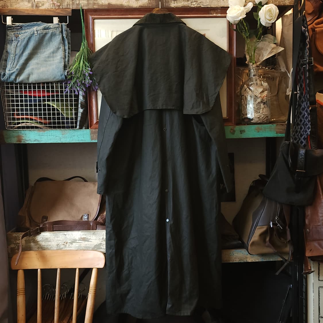 90s 잉글랜드 컨트리 왁스자켓 스톡맨 케이프 왁스코트 레인코트 그린xl 상품이미지3