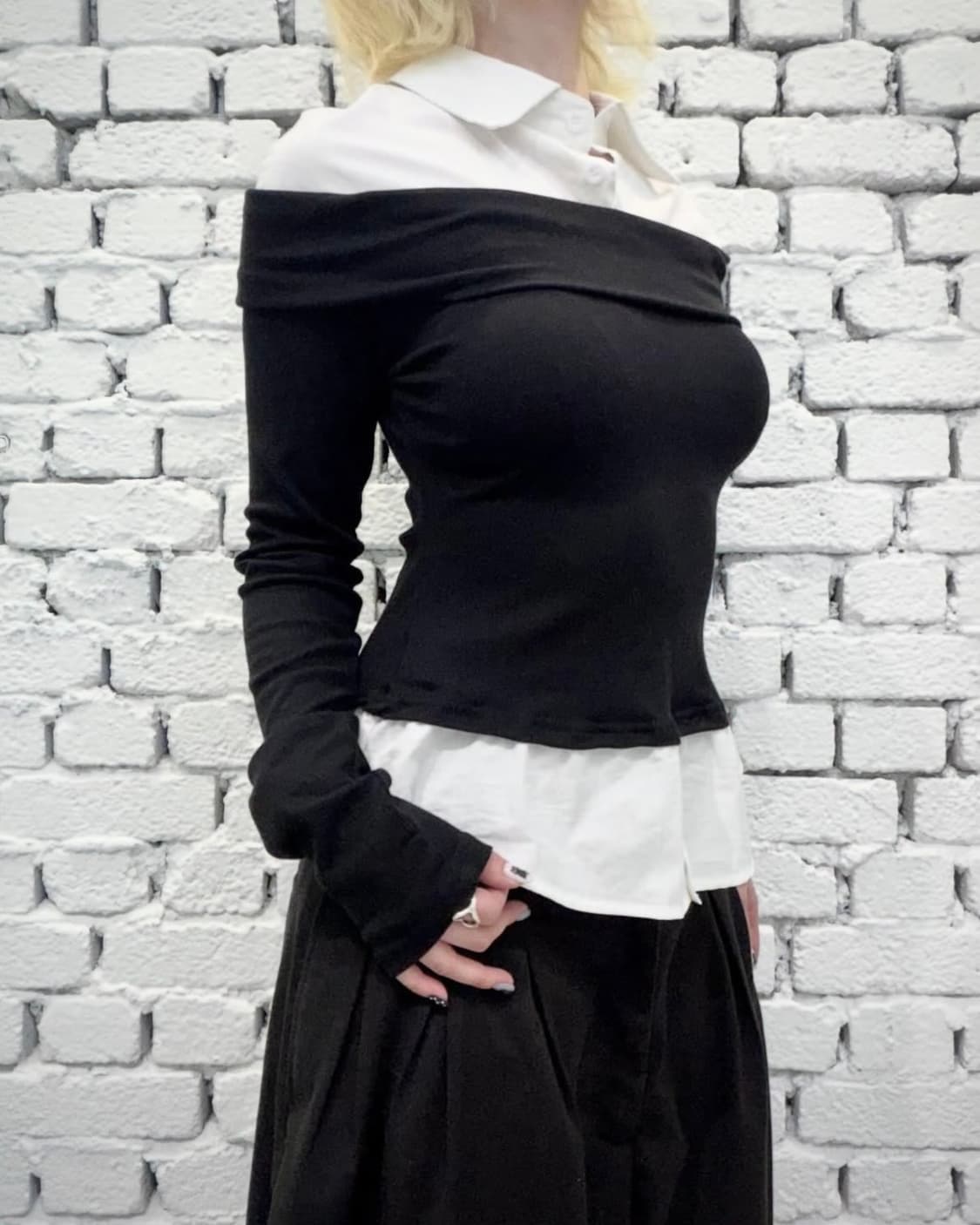 Layered Off-Shoulder Shirt Top 상품이미지2