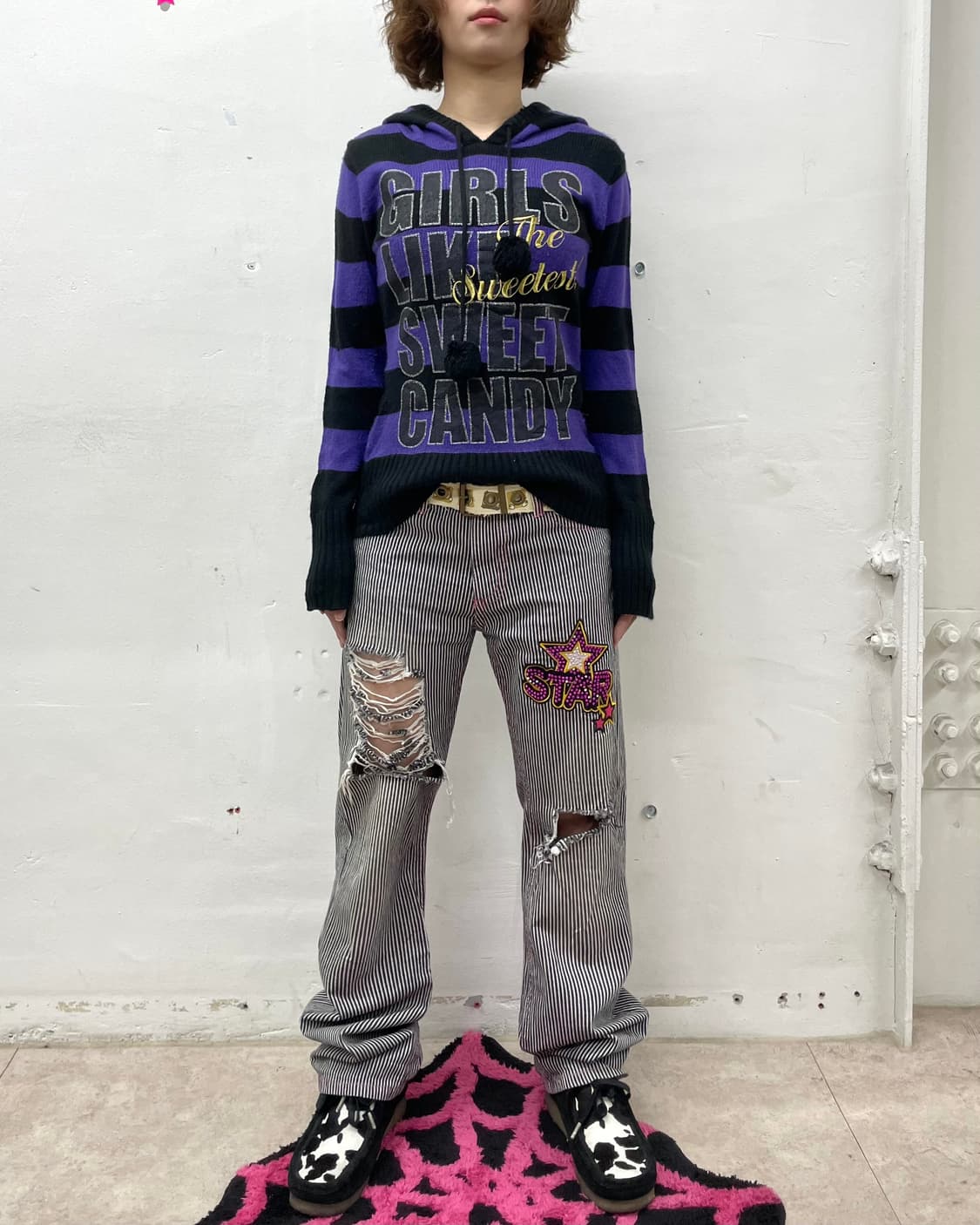 Girl Purple Stripe Knit Hoodie 상품이미지4