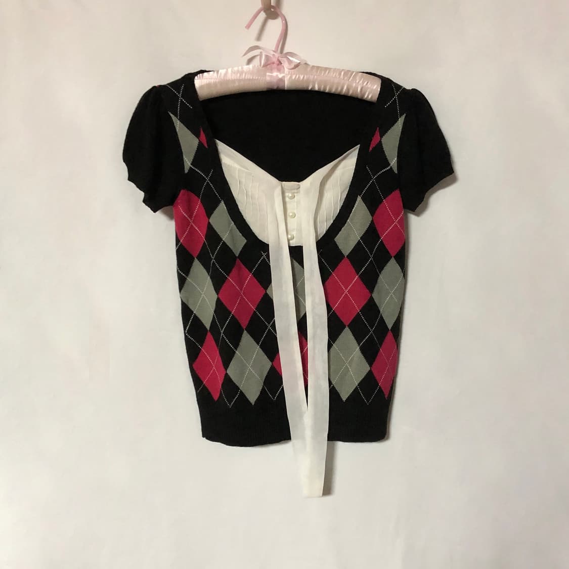 리본 로걀 아가일 니트 탑 블랙 상품이미지8