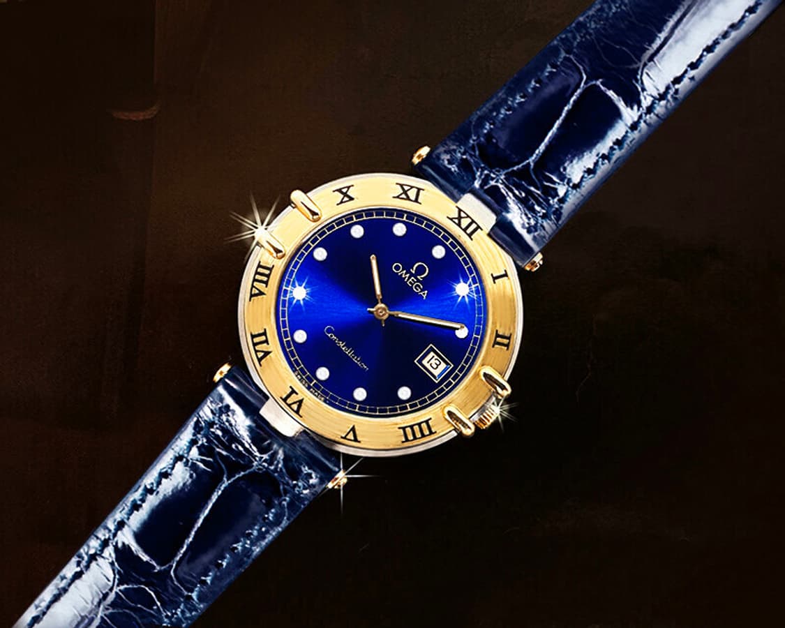 오메가 컨스틸레이션 블루 선레이 11P 다이아몬드 남녀공용 악어 가죽시계 상품이미지3