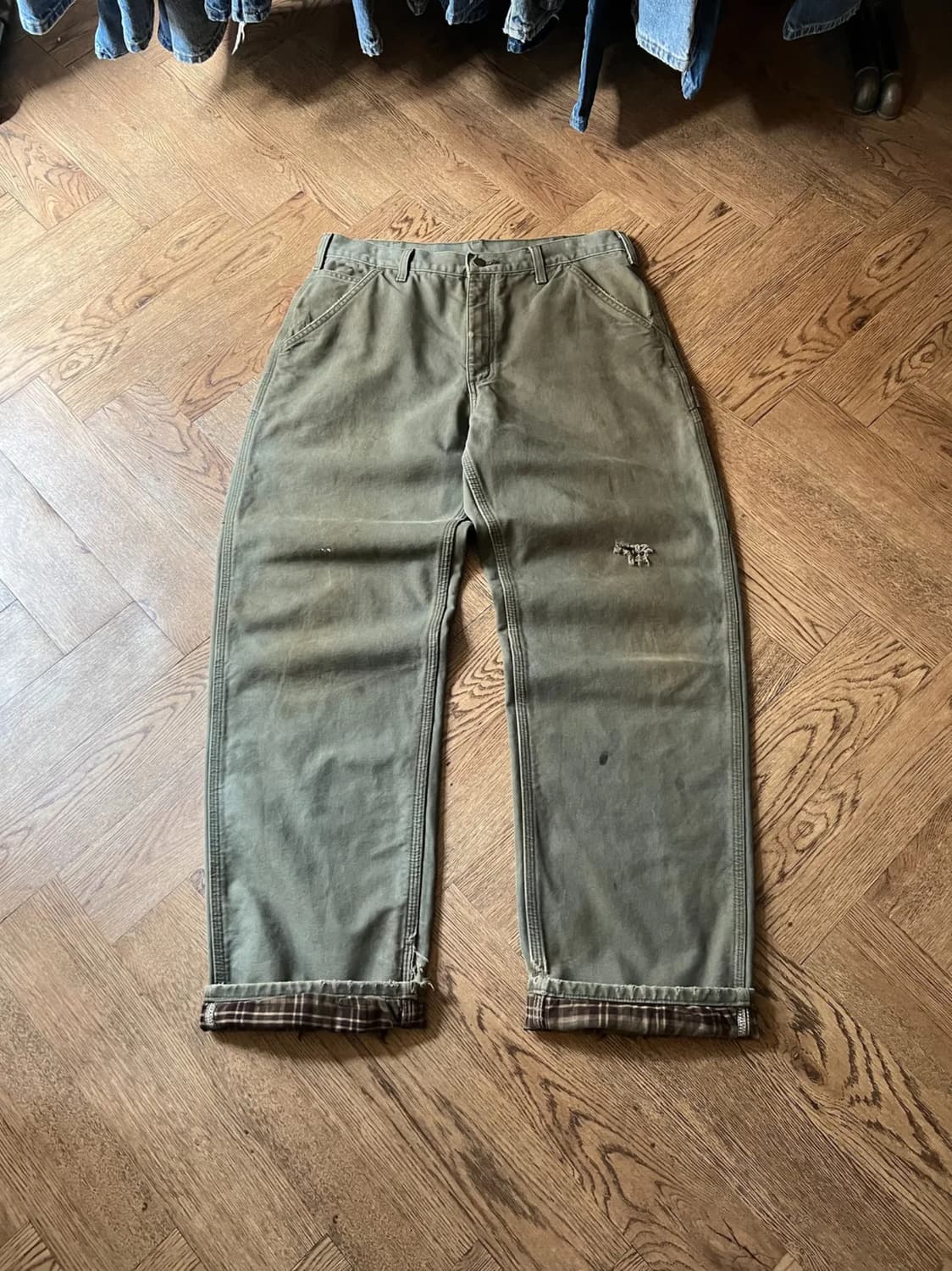 [34]칼하트 USA 체크라이닝 데미지드 모스그린 싱글니 카펜터 워크팬츠 상품이미지1