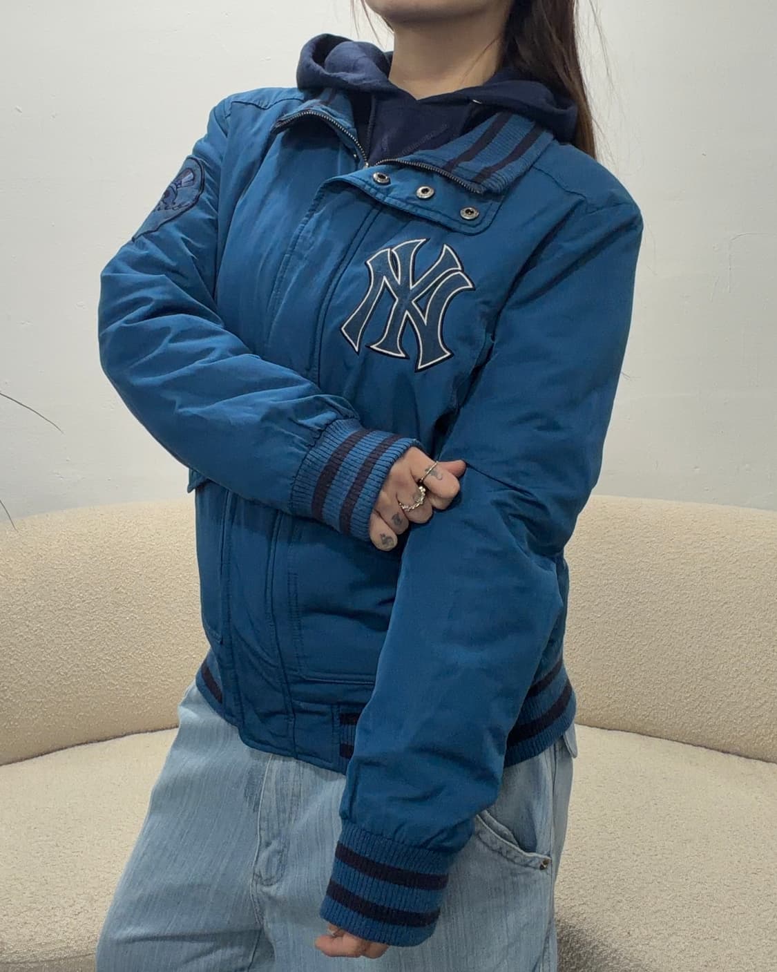 90s MLB 딥블루 퀄티드 하이넥 자켓 상품이미지1