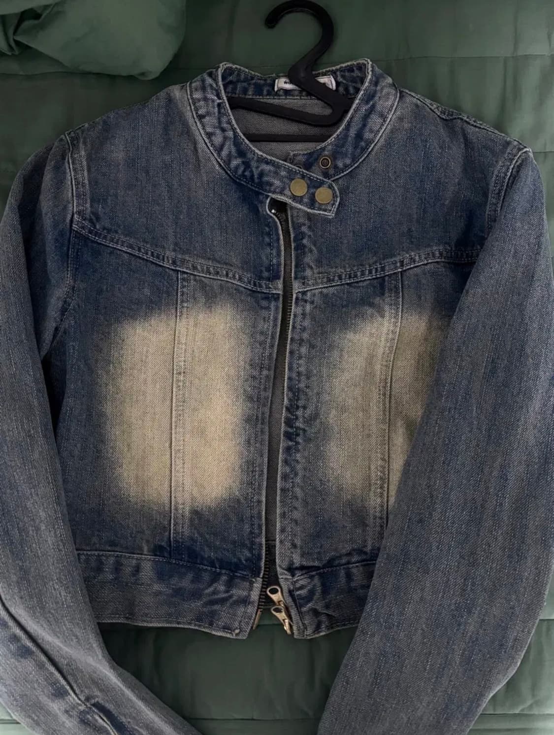 원더원더 카츤 빈티지 워싱 투웨이 지퍼 노카라 크롭 데님 자켓 청자켓 상품이미지2
