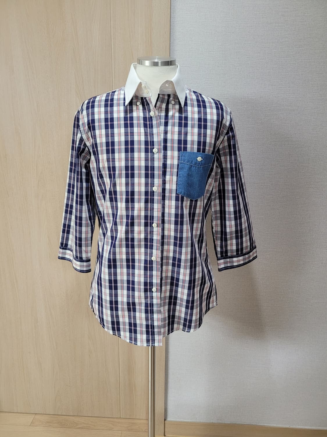 캘번 KELBURN 남자 7부 체크 셔츠 105 네이비 상품이미지1