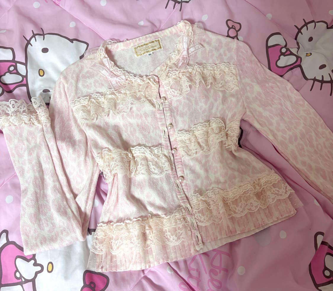 지저스 디아망떼 초희귀 진주 레이스 리본 핑크 레오파드 니트 가디건 상품이미지1