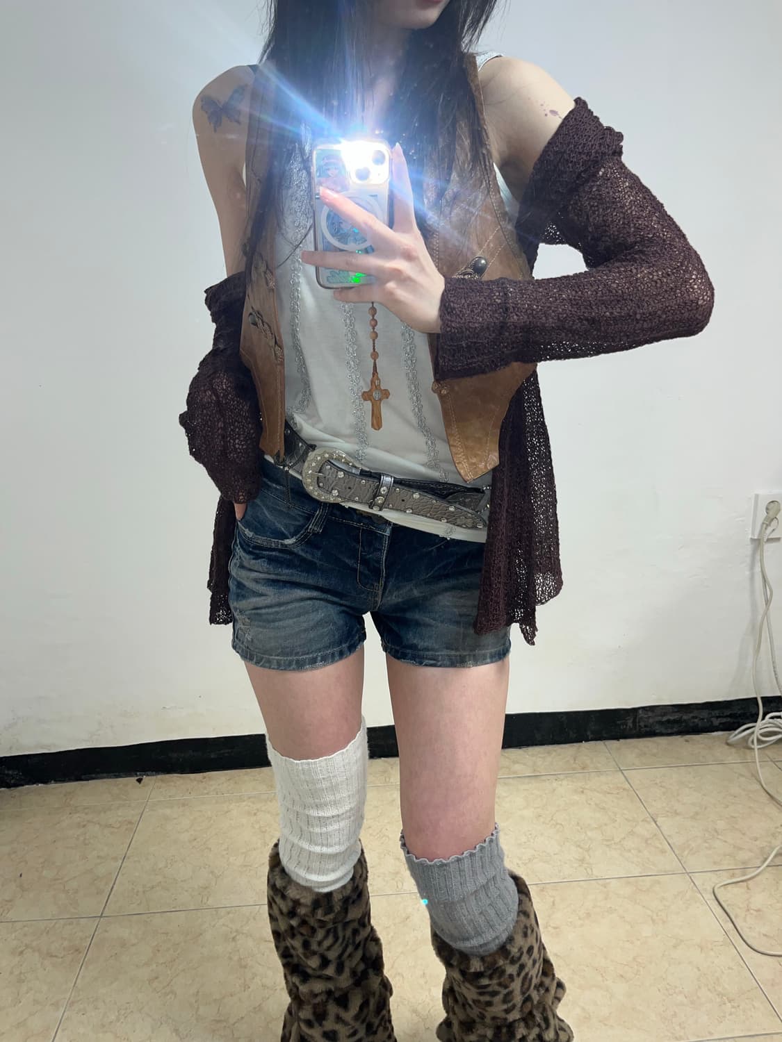 데님 레오파드 포켓 숏팬츠 상품이미지6