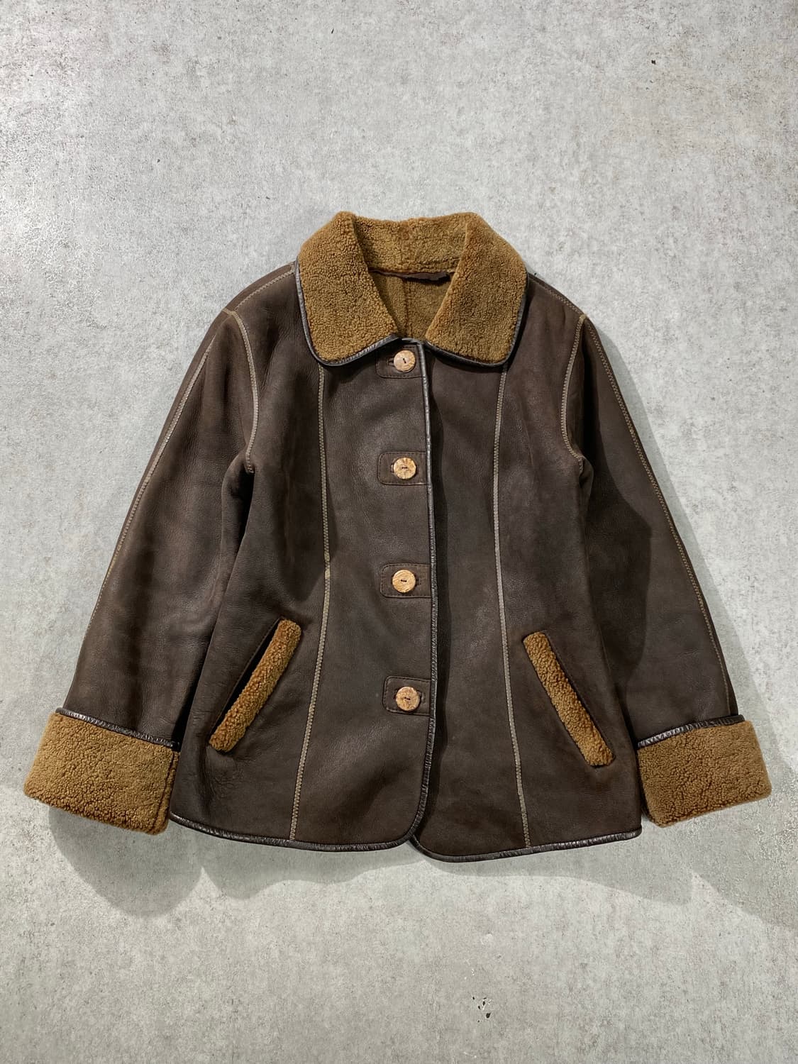 [S-M] 90s Vtg 빈티지 브라운 시어링 레더자켓 무스탕 상품이미지1