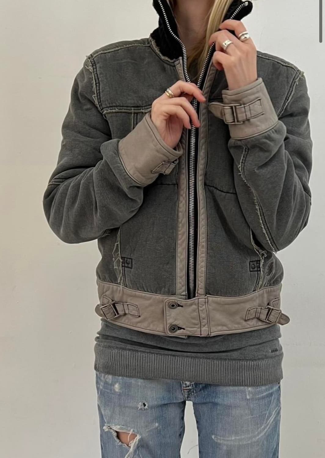 빈티지 디젤 90s 여성 트리밍 카우 레더 자켓 (s) 상품이미지1