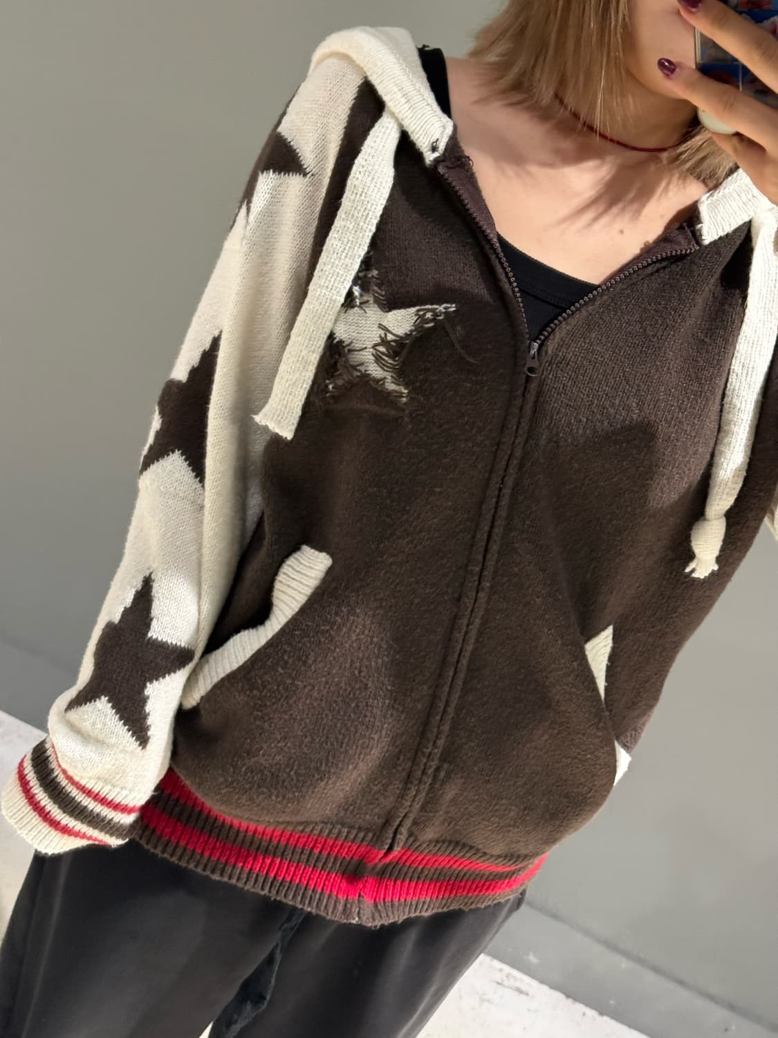 star pattern point knit hood zip-up 상품이미지3